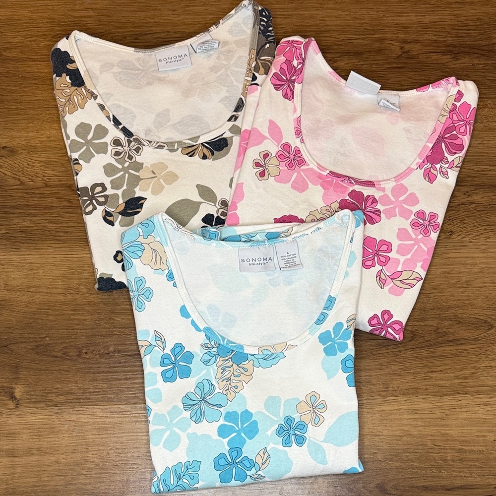 Sonoma Life+Style Set of 3 Tops Round Neck Short Sleeve Stretch Women’s L Floral